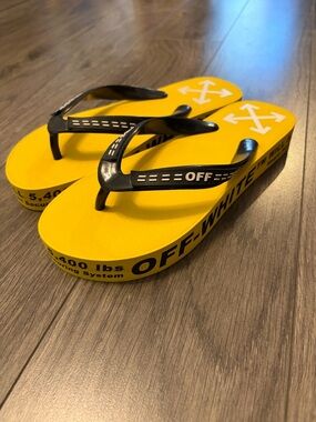 Off-White Yellow and Black Logo Flip Flops